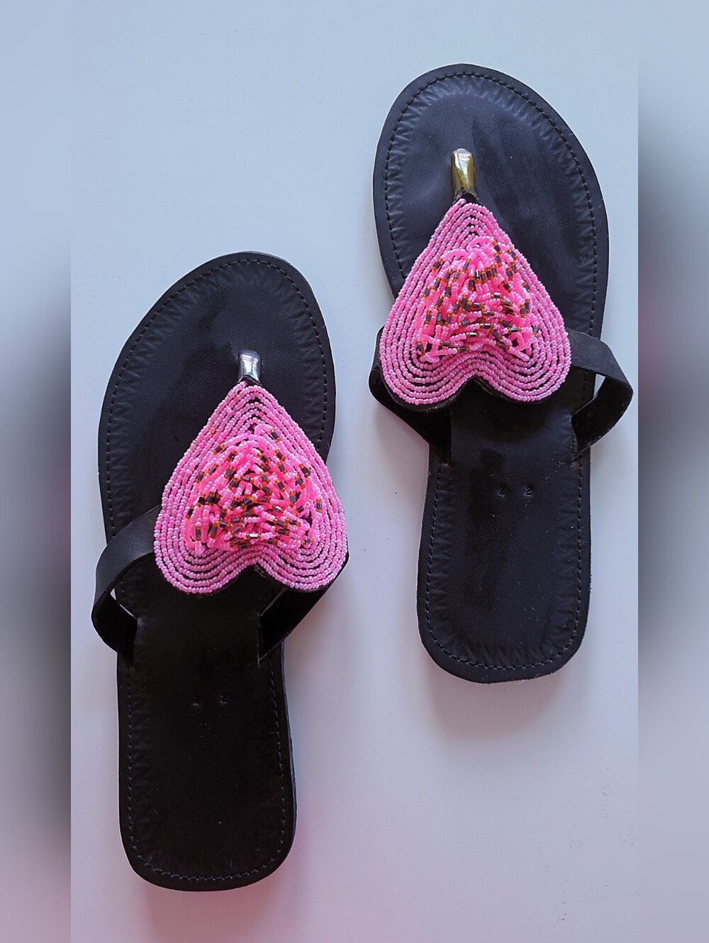 Handmade East African Maasai Beaded Leather Sandals | Pink Heart Design